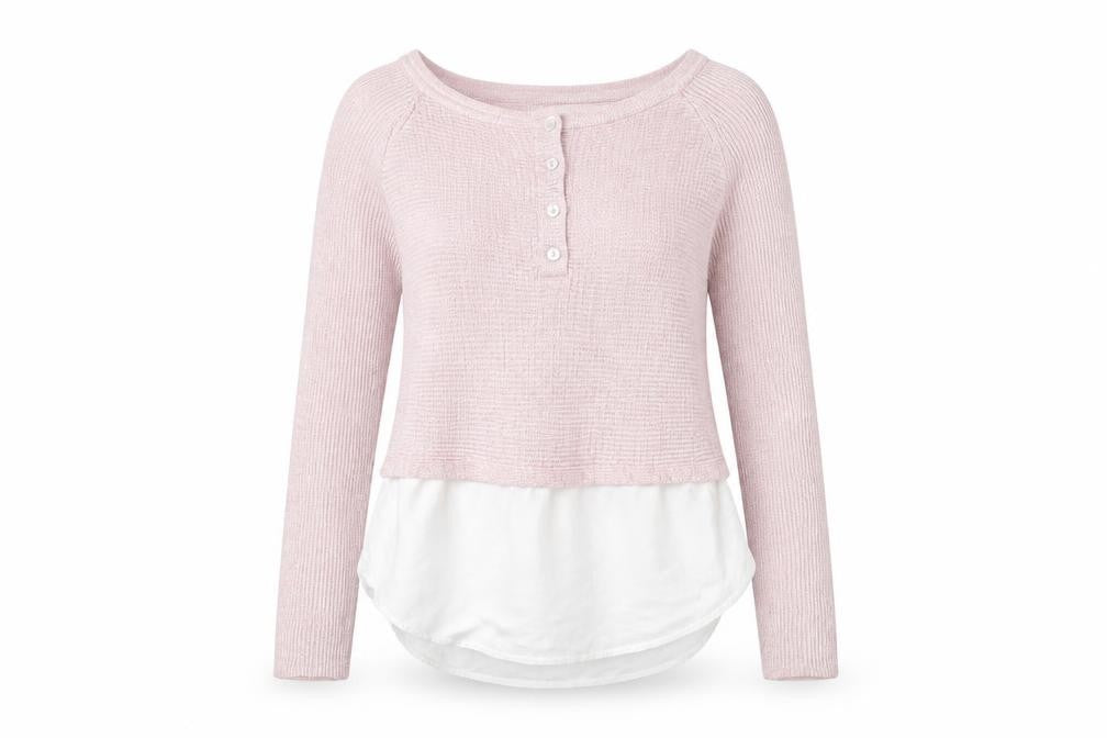 Front view of River Island women’s pink knit henley sweatshirt, size UK 10