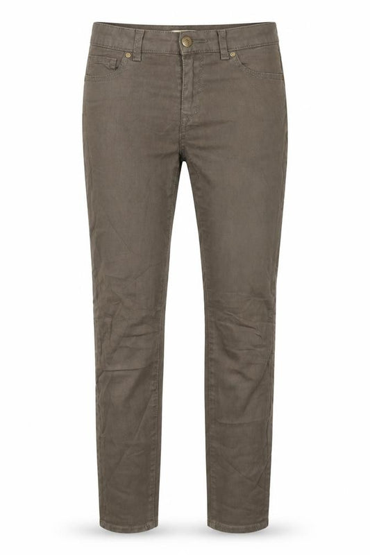 Front view of women’s green denim mom jeans, size UK 10, 30-inch leg