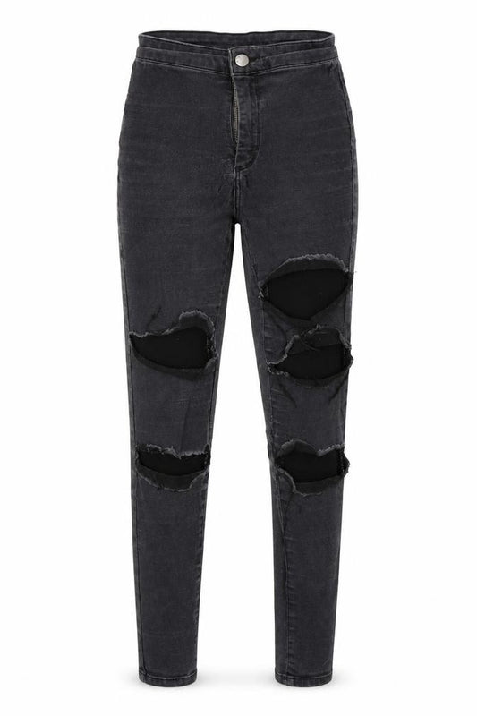 Front view of Topshop women’s grey denim mom jeans, size UK 6, 28-inch leg