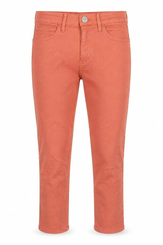 Front view of women’s orange denim cropped jeans, size UK 8, 20-inch leg