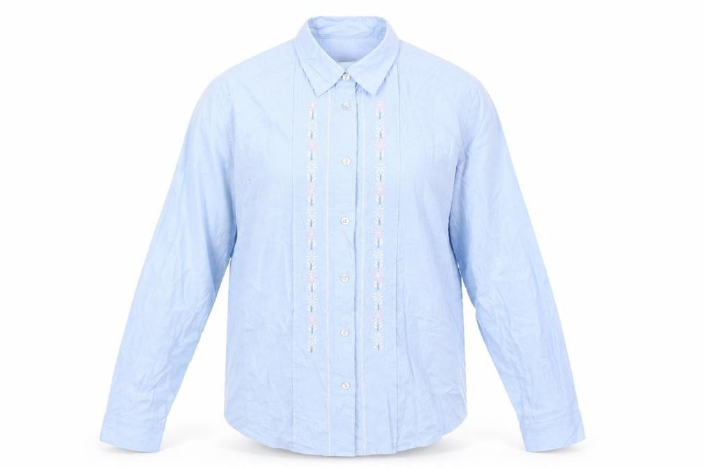 Front view of Tulchar men’s blue button-up, size M