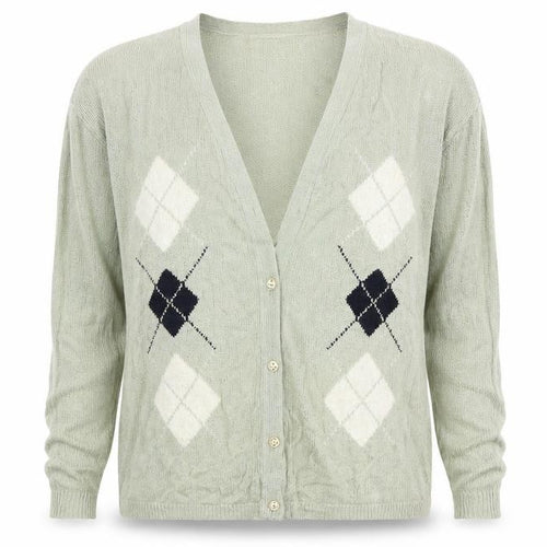 Future Lady Womens Green Argyle/Diamond  Cardigan Jumper Size M