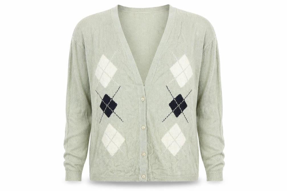 Future Lady Womens Green Argyle/Diamond  Cardigan Jumper Size M