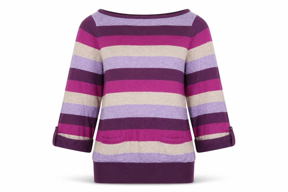 Front view of Marks & Spencer women’s purple striped jumper, size UK 8