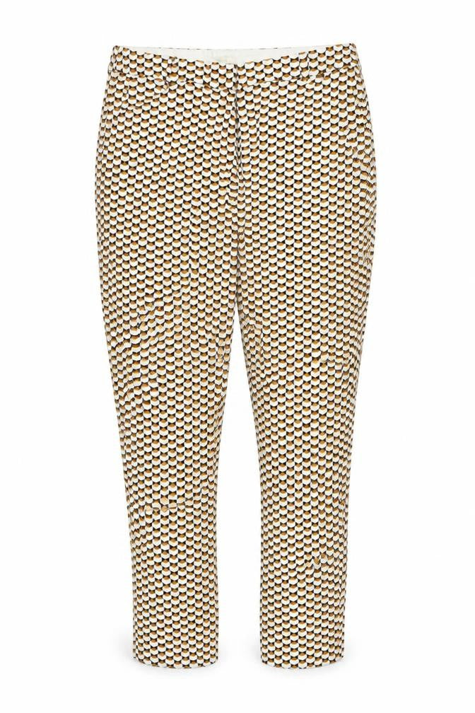 Front view of H&M women’s orange geometric trousers, size UK 12, 27-inch leg