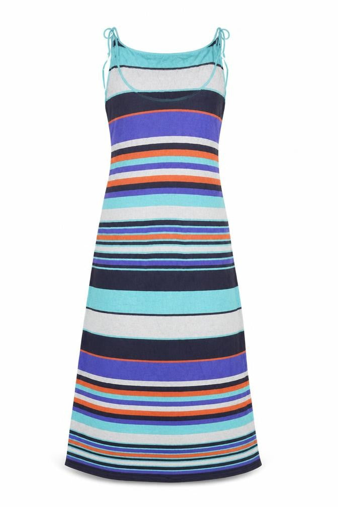 Front view of Per Una women’s multicoloured striped ball gown, size UK 10