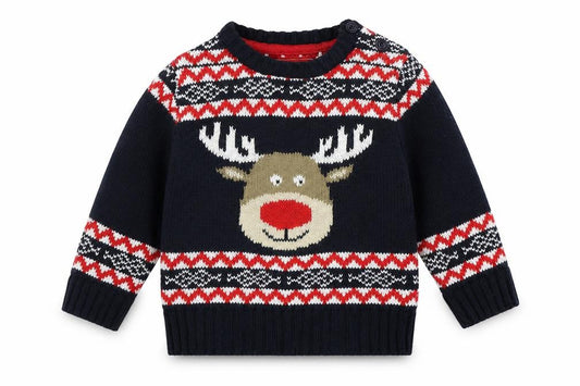 Front view of Early Days girls’ blue geometric jumper, size 3-6, months - raindeer