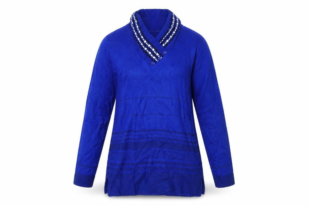 Front view of Envy women’s blue jumper, size M