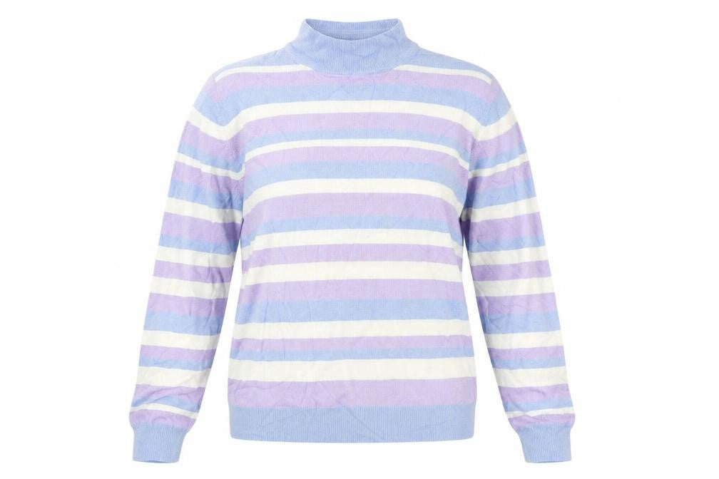 Front view of Marks & Spencer women’s blue striped basic blouse, size UK 14