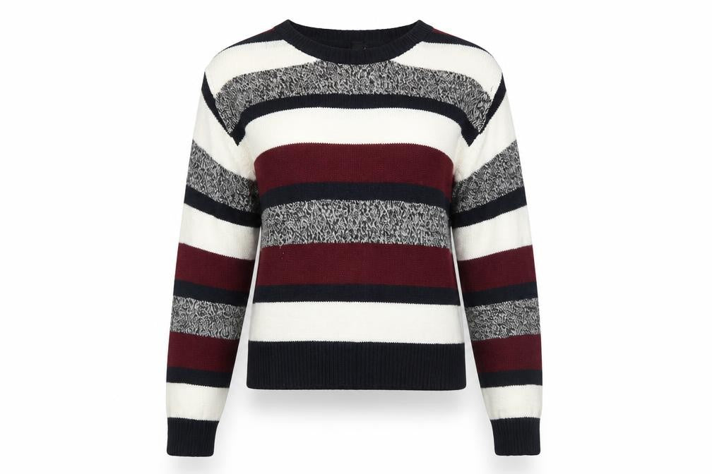 Front view of H&M women’s multicoloured striped jumper, size M