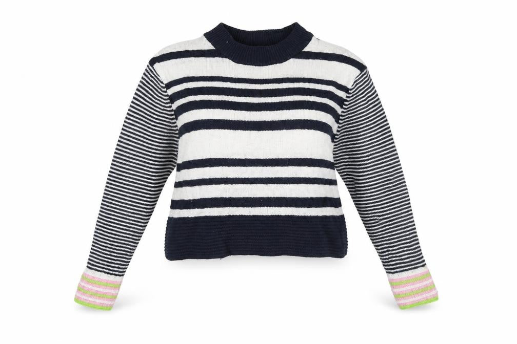 Front view of Topshop women’s multicoloured striped jumper, size UK 8