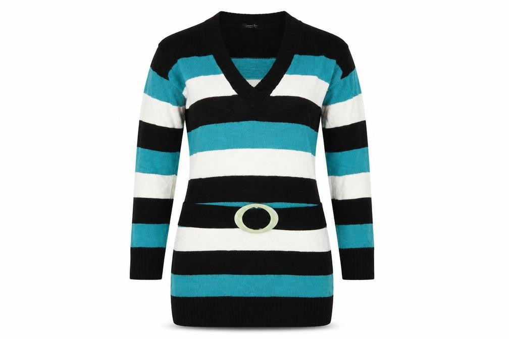 Front view of unique style women’s multicoloured striped jumper, size L