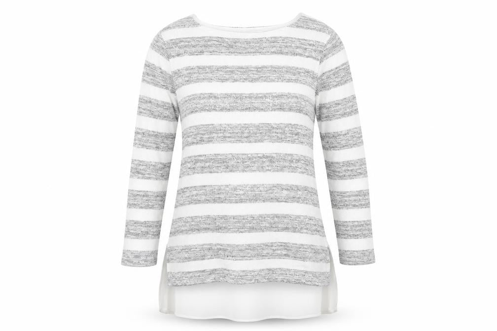 Front view of Phase Eight women’s grey striped basic t-shirt, size UK 8