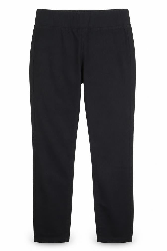 Front view of women’s black straight jeans, size UK 34, 27-inch leg