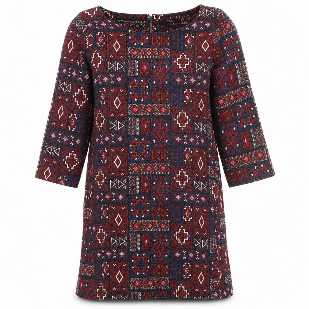 Front view of Next women’s red geometric a-line, size UK 14