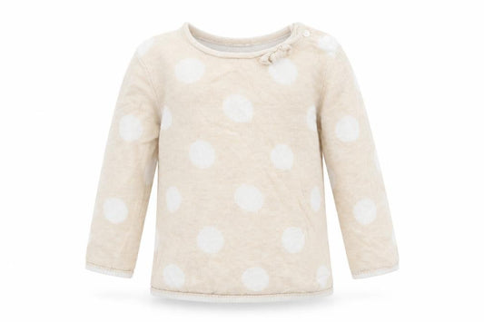 Front view of H&M girls’ beige polka dot jumper, size 9-12, months