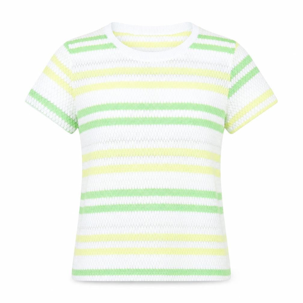 Front view of Zara women’s white striped basic t-shirt, size L