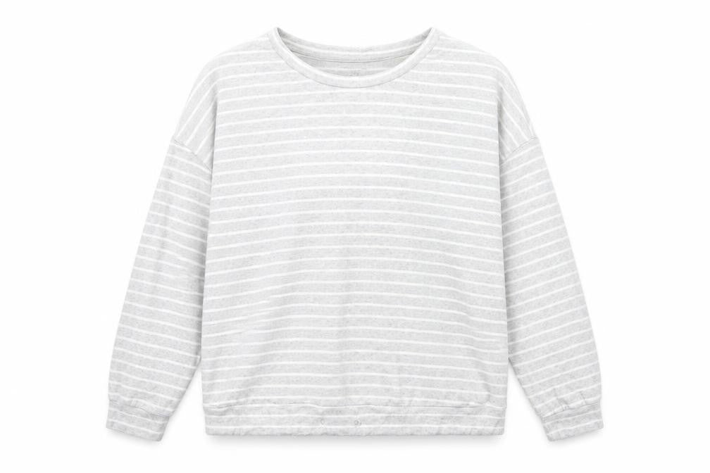 Front view of Primark women’s grey striped jumper, size UK 12