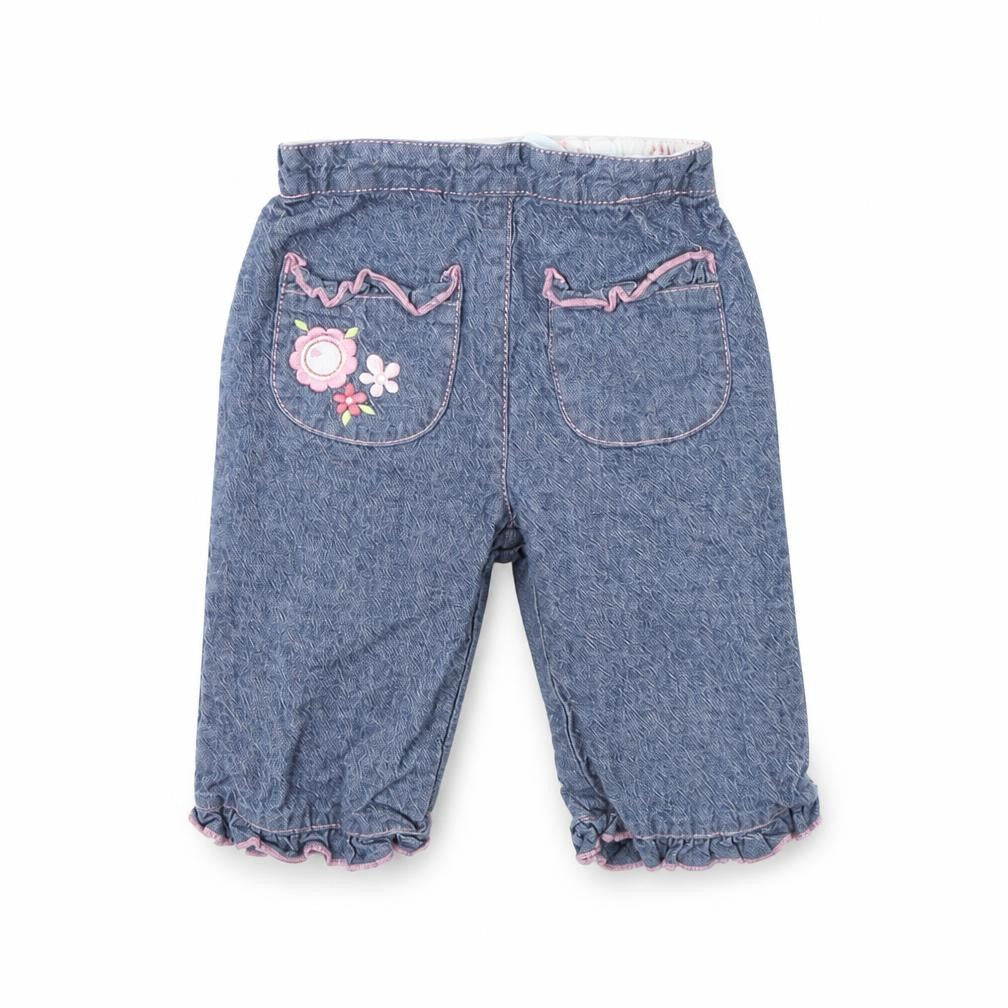 Front view of Tu girls’ blue denim capri trousers, size 3-6, months