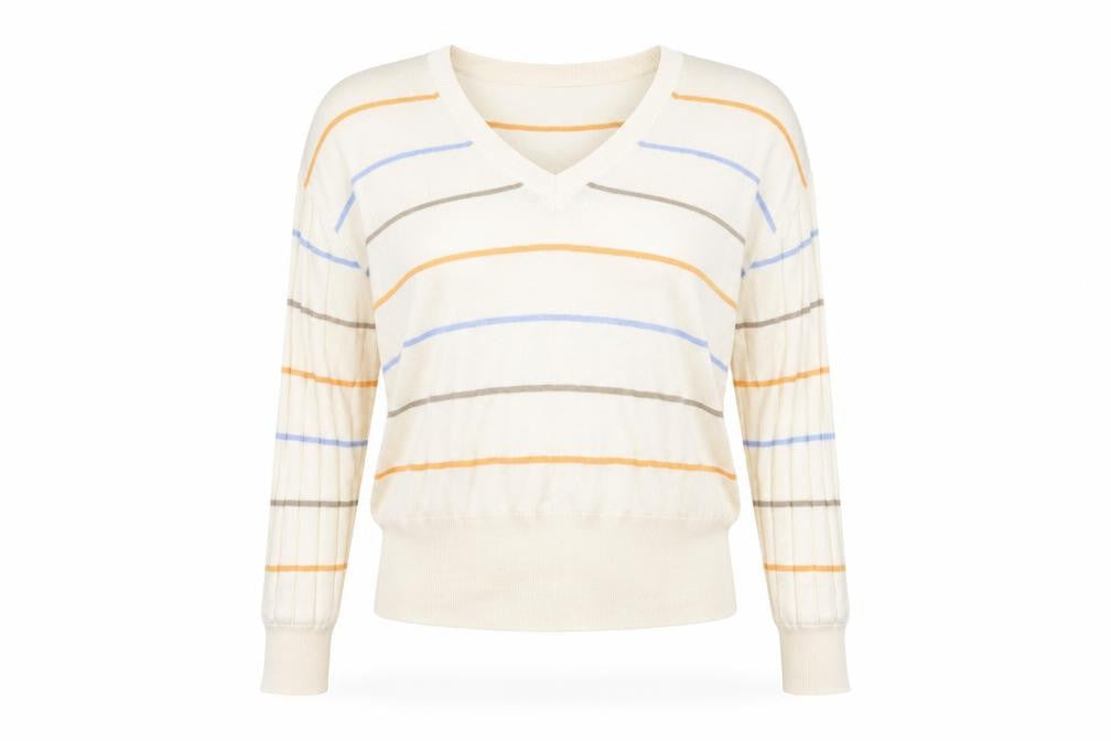 Front view of Marks & Spencer women’s beige striped jumper, size XL
