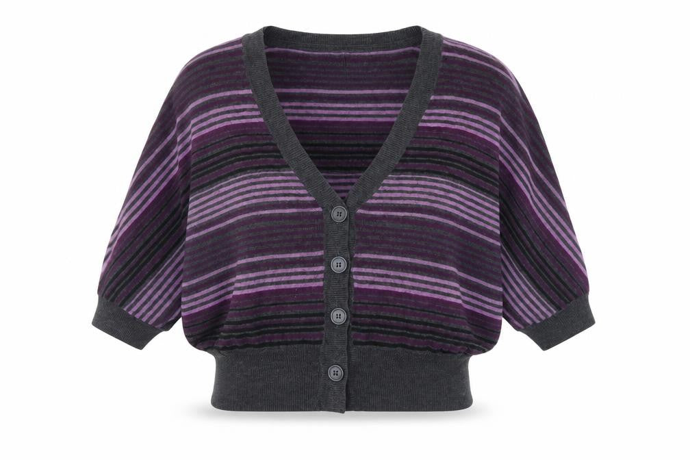 Front view of OPUS women’s purple striped cape jumper, size UK 8