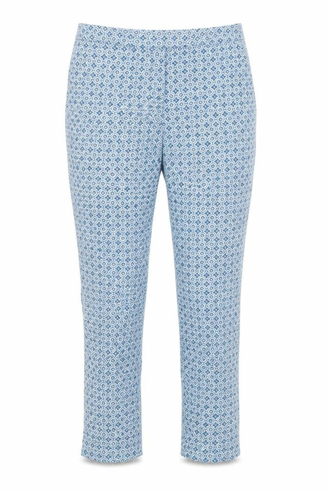 Front view of H&M women’s blue geometric trousers, size UK 6, 28-inch leg