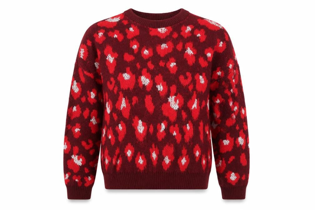 Front view of Primark women’s red jumper, size UK 6, - flowers