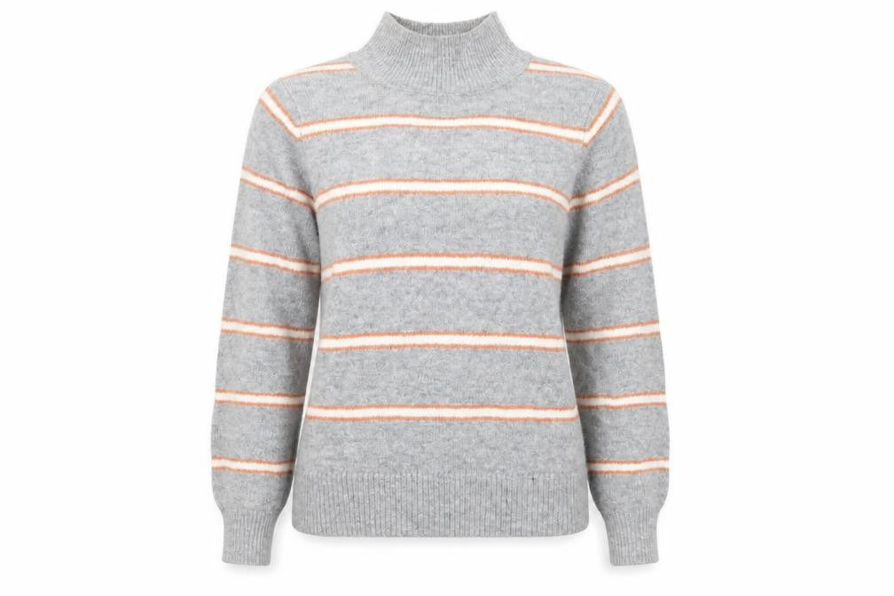 Front view of Dorothy Perkins women’s grey striped jumper, size UK 10, - dorothy perkins glittery