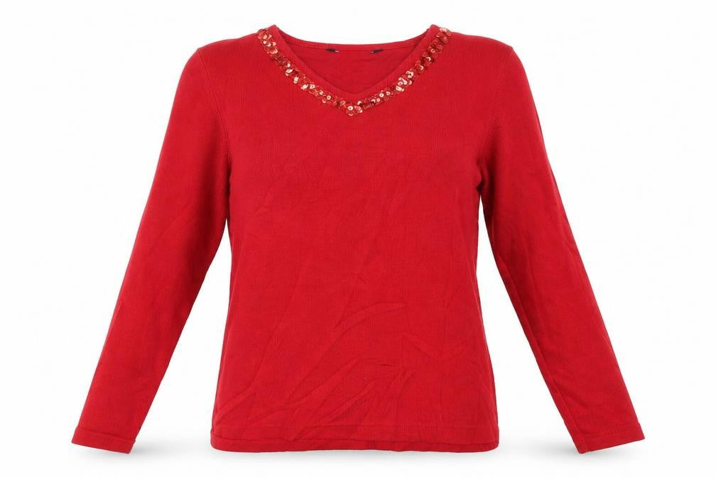 Front view of PreWorrn women’s red jumper, size S, - ribbed red top