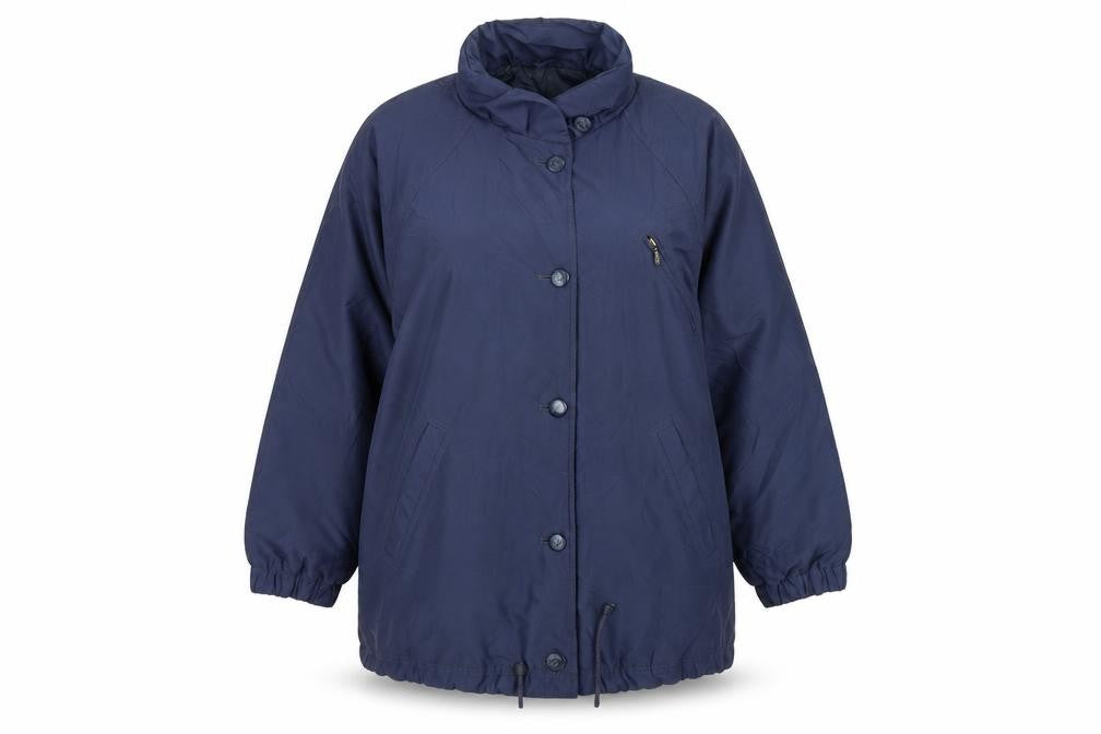 Front view of St Michael women’s blue overcoat jacket, size UK 16