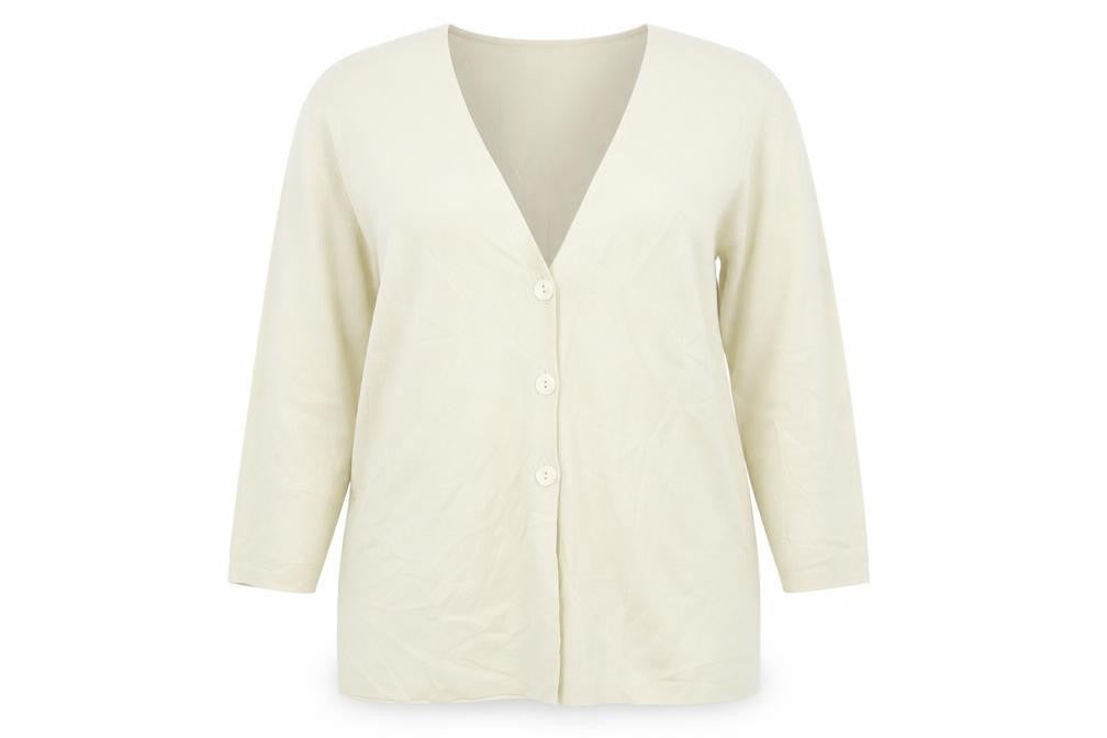 Front view of Berkertex women’s beige cardigan jumper, size UK 18