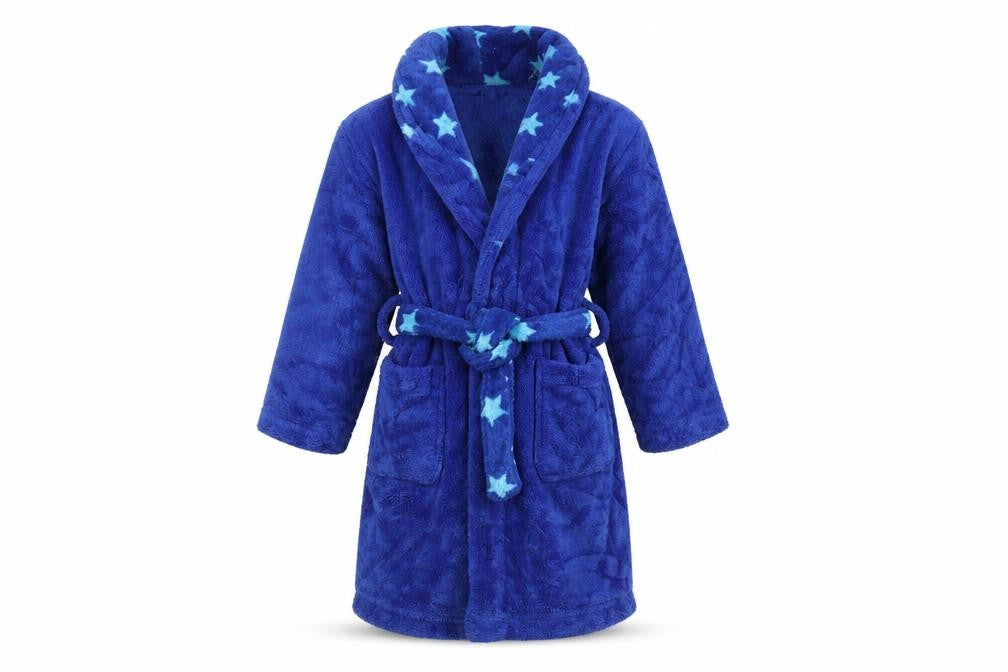 Front view of Purekids boys’ blue solid robe, size 3-4, years