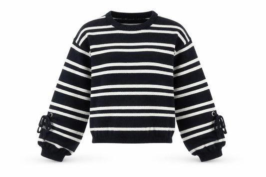 Front view of Papaya women’s blue striped jumper, size S