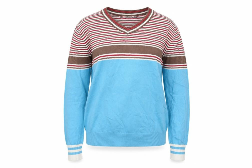 Front view of Urban District women’s blue striped jumper, size L