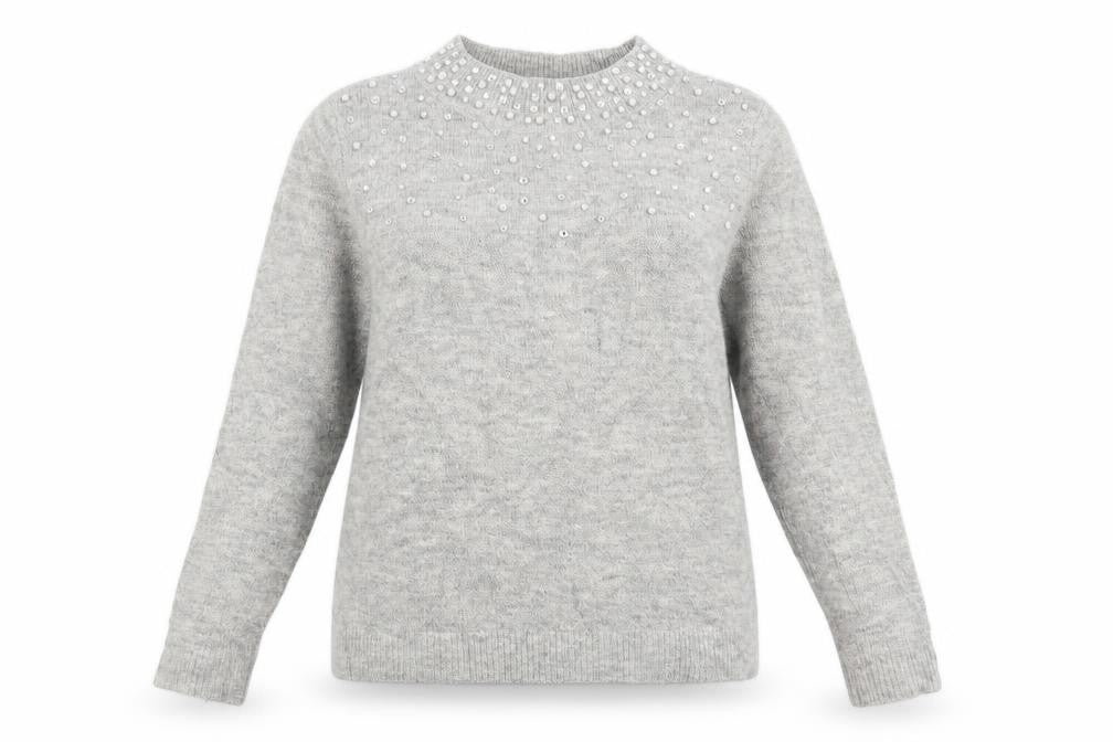 Front view of Dorothy Perkins women’s grey jumper, size UK 18, - beaded