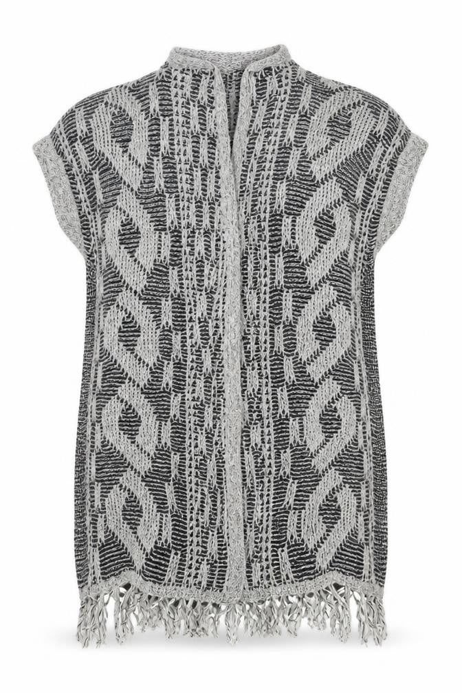 Front view of Next women’s grey geometric cardigan jumper, size UK 16