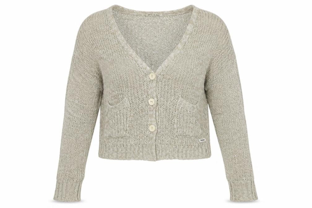 Front view of Double Agent women’s beige cardigan jumper, size M