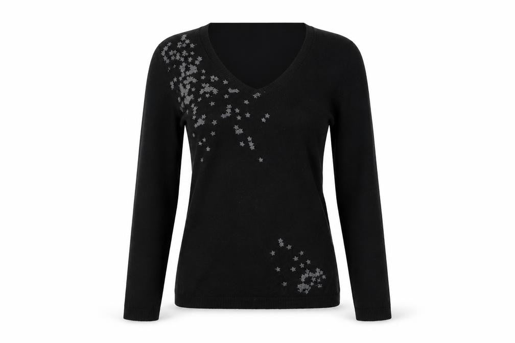 Front view of Teddy Smith women’s black jumper, size S, - stars