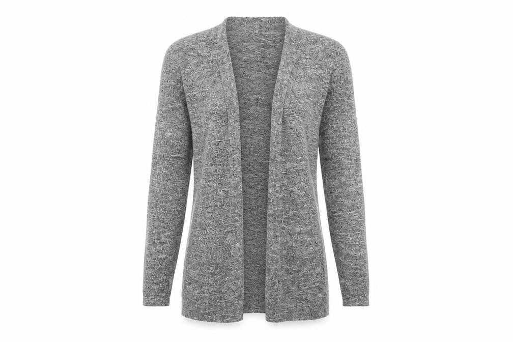 Front view of New Look women’s grey knit cardigan jumper, size UK 6