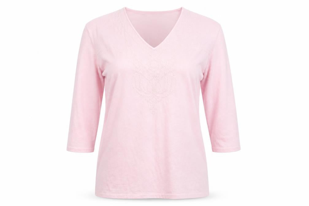 Front view of Joy women’s pink jumper, size UK 18