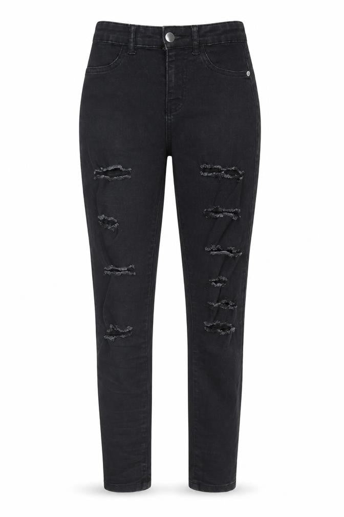 Front view of Boohoo women’s black denim straight jeans, size UK 4, 28-inch leg