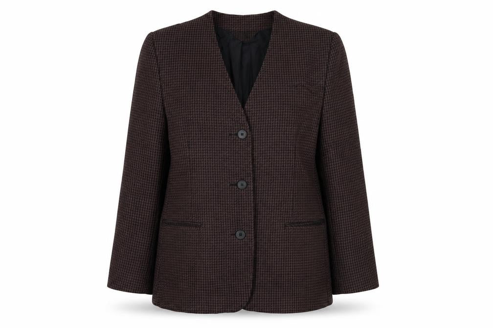 Front view of style file women’s red houndstooth jacket blazer, size UK 14