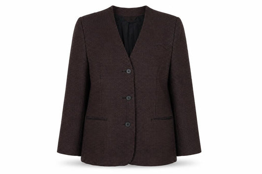 Front view of style file women’s red houndstooth jacket blazer, size UK 14