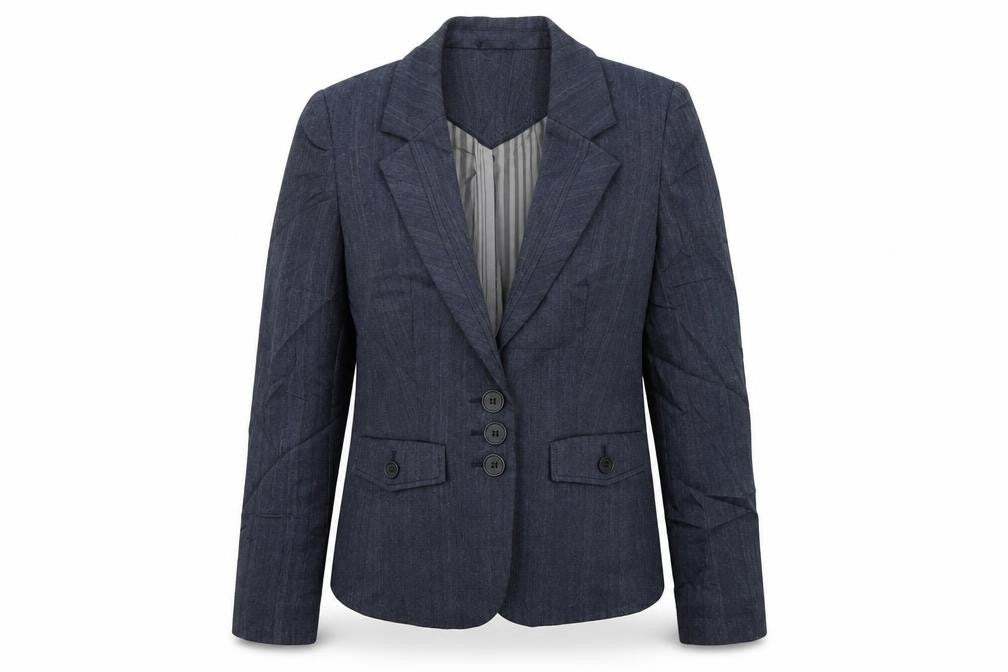 Front view of Next women’s blue striped jacket blazer, size UK 10