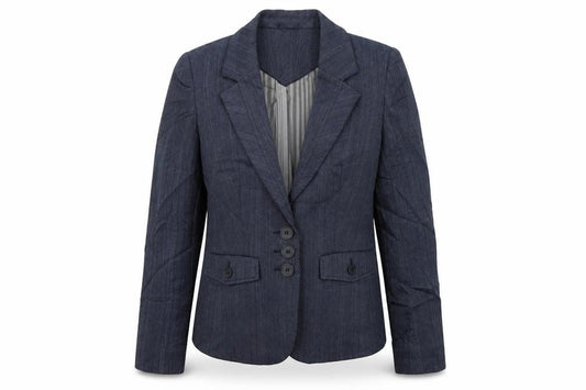 Front view of Next women’s blue striped jacket blazer, size UK 10