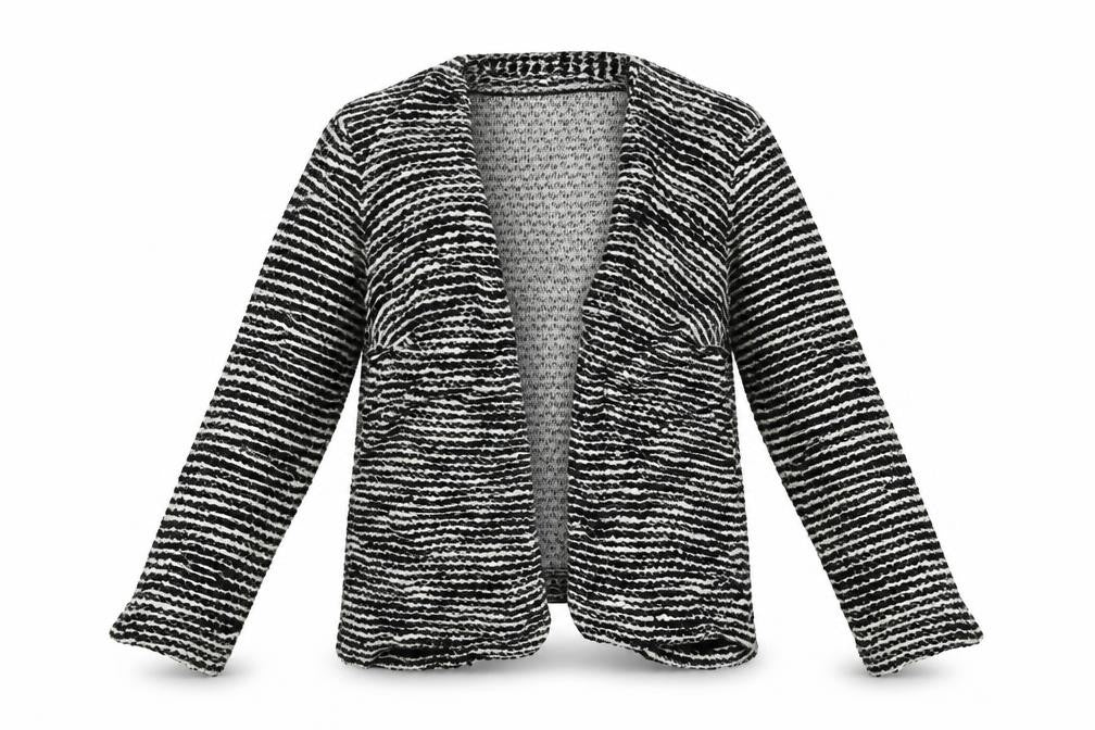 Front view of H&M women’s white striped cardigan jumper, size M