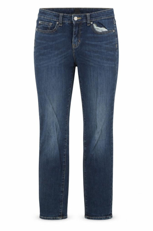 Front view of women’s blue denim straight jeans, size UK 8, 30-inch leg