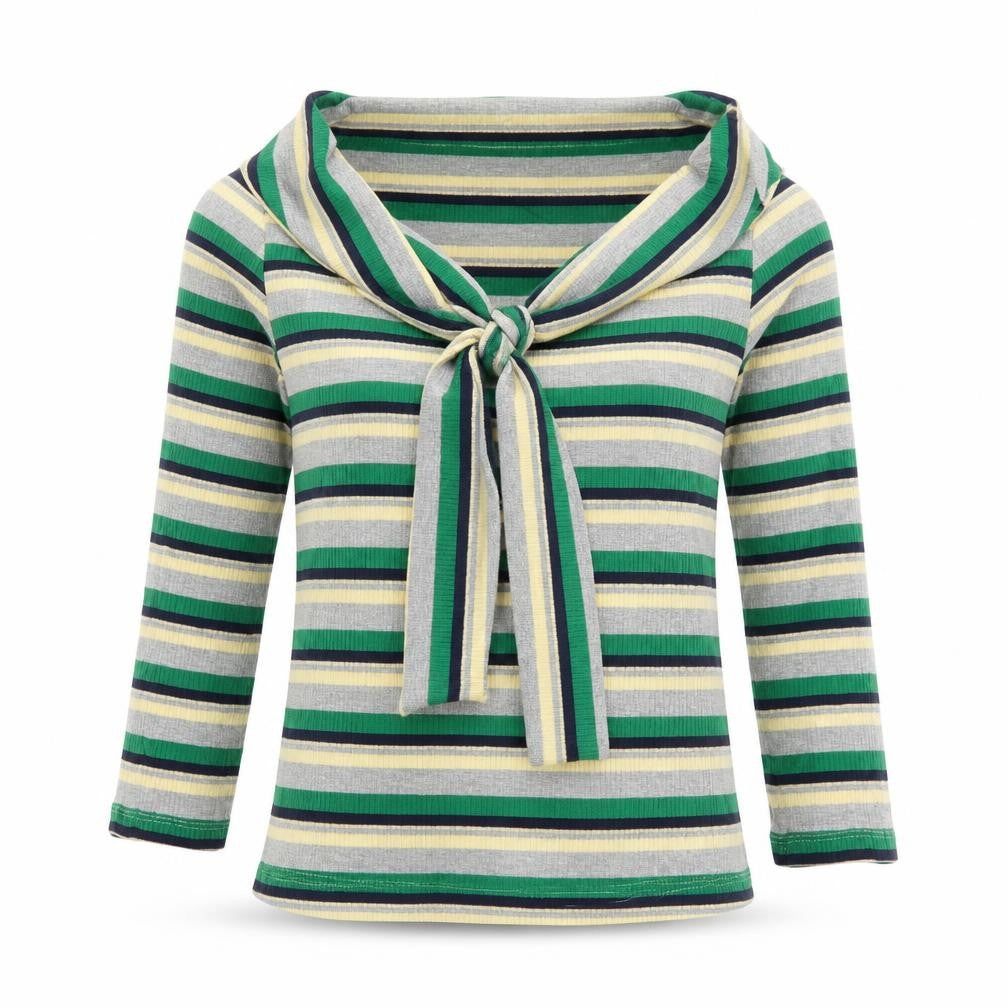 Front view of River Island women’s green striped jumper, size UK 8