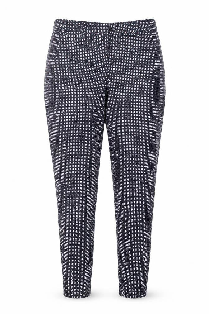 Front view of H&M women’s blue geometric trousers, size UK 6, 27-inch leg