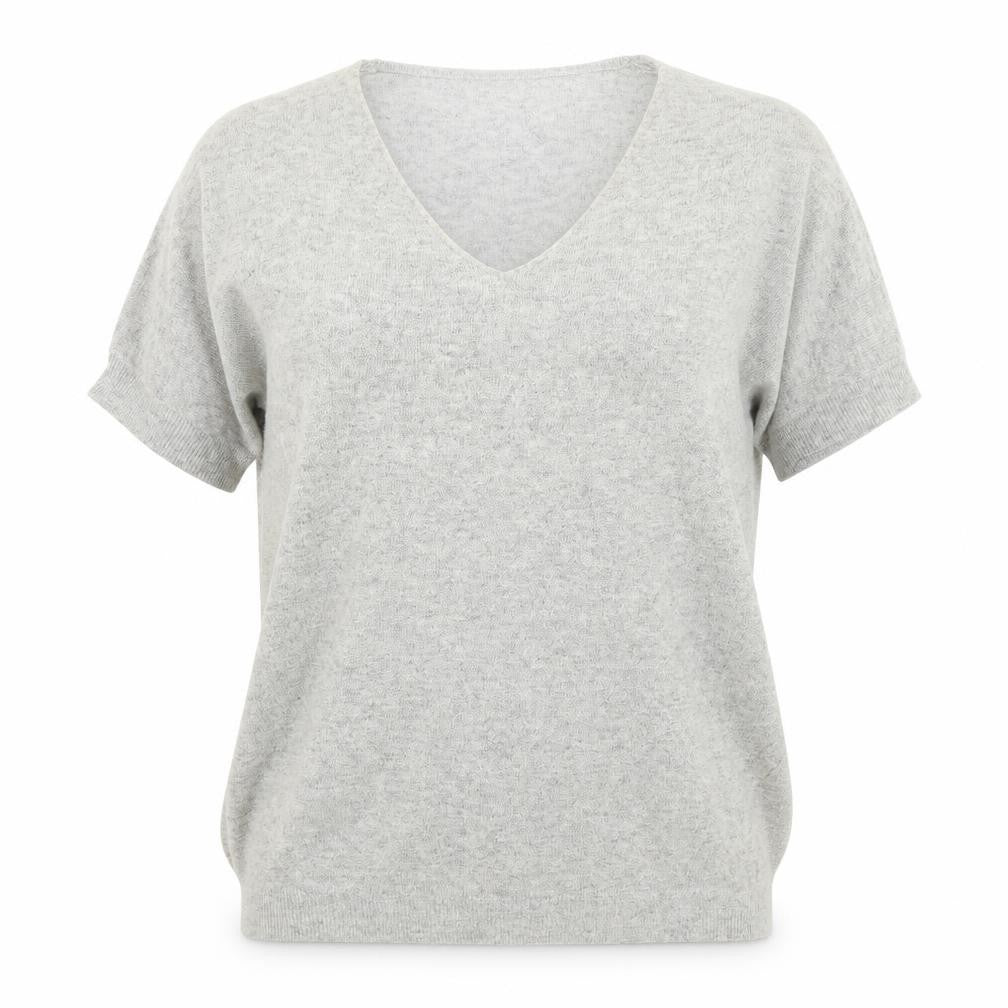 Front view of Emma Brendon women’s grey knit basic t-shirt, size M